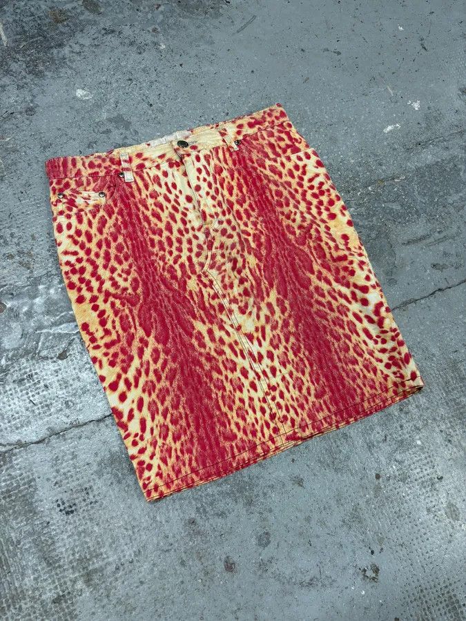 Designer × Roberto Cavalli × Vintage 2000s Roberto Cavalli Beige & Red Glamour Skirt Size 28" / US 6 / IT 42 - 2 Thumbnail