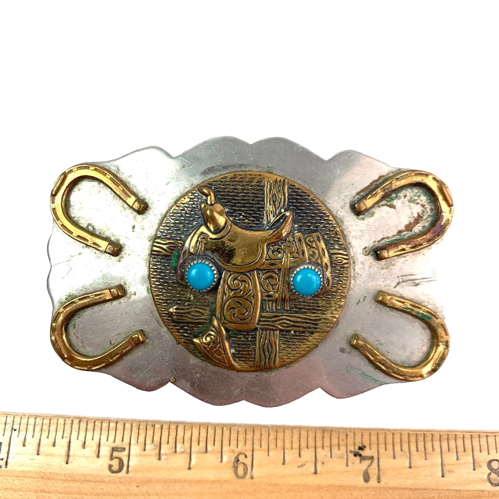 Vintage VINTAGE Nickel Silver Horseshoe Saddle Blue Gem Western Metal Belt Buckle Size ONE SIZE - 5 Thumbnail
