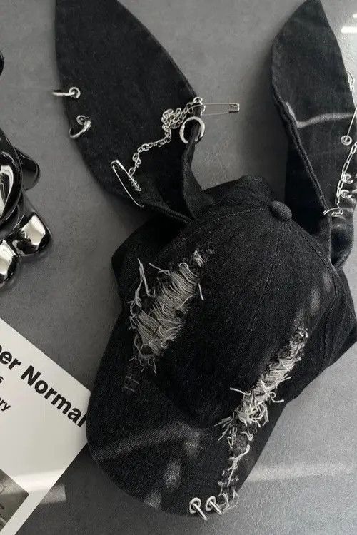 Japanese Brand Avant garde chunky bunny rabbit ear distressed raw denim cap Size ONE SIZE - 3 Thumbnail