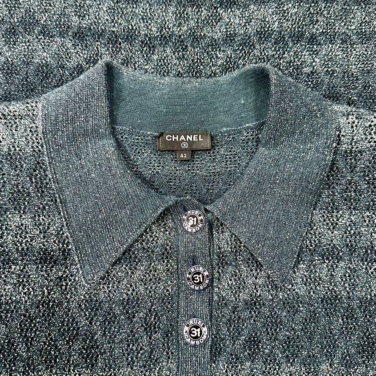 Chanel RARE CHANEL TEAL METALLIC STRIPED KNIT POLO Size US XS / EU 42 / 0 - 5 Thumbnail