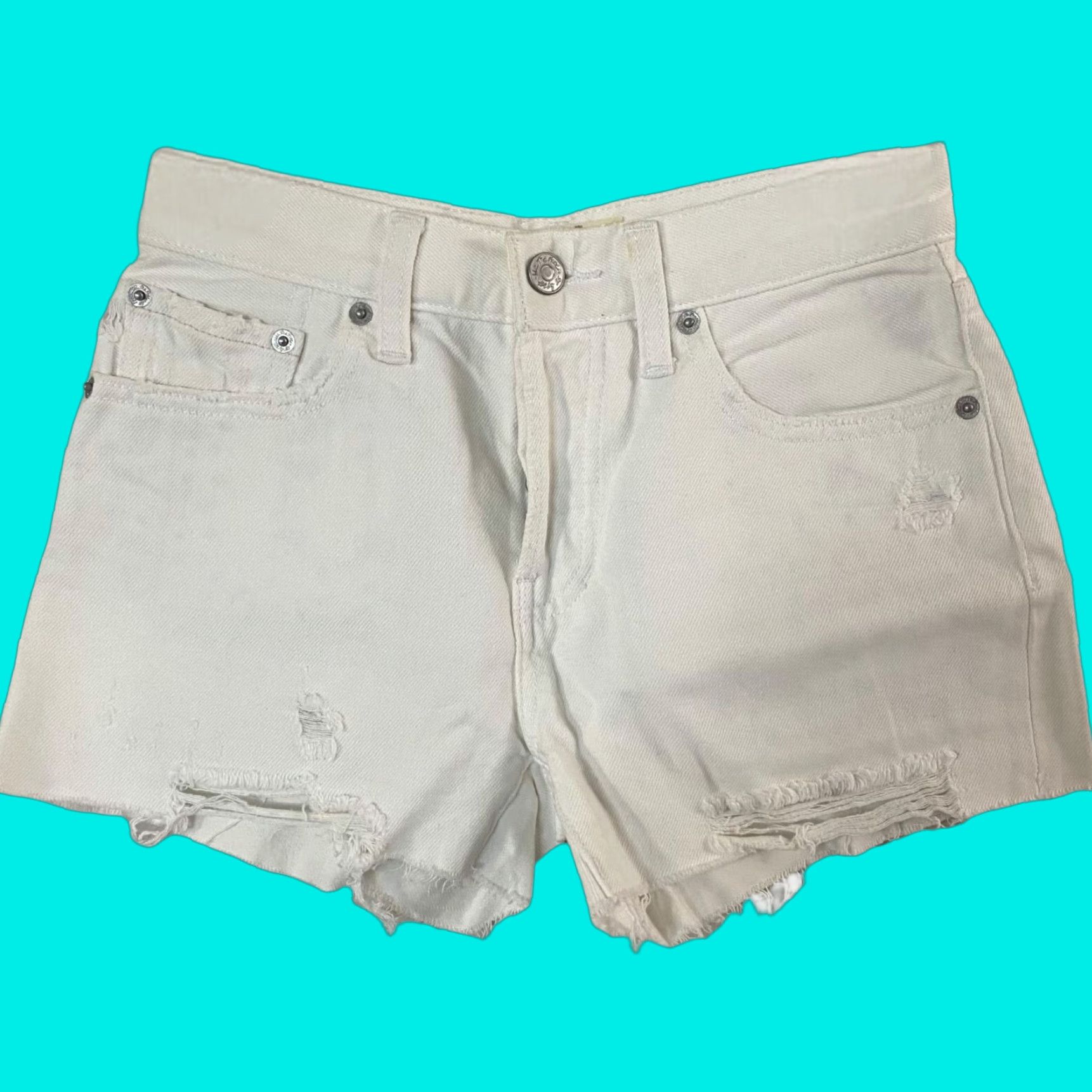 Free People Free People We The Free Jean Shorts Womens 24 White Distressed Raw Hem Cut-Off Button Closure 5-Pocket Denim 100% Cotton Womens Size 42" / US 20 - 1 Thumbnail