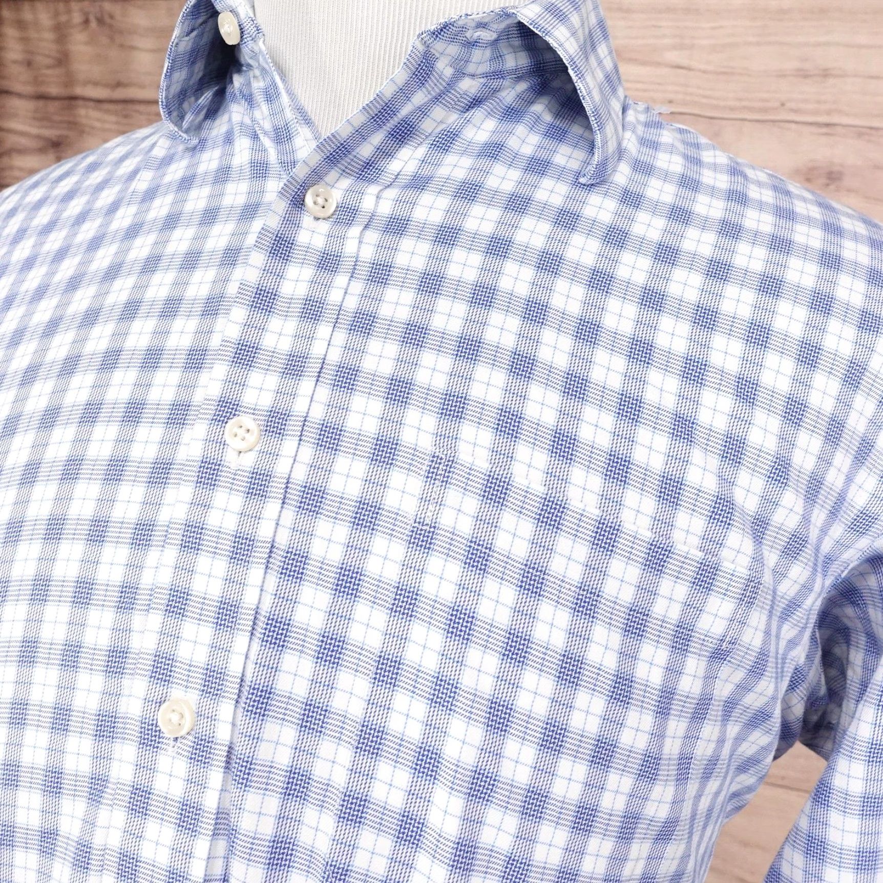 Vintage KIRKLAND Signature Dress Shirt Mens Large 16 35 Blue White Plaid Non-Iron Work Office Classic Size 42R - 2 Thumbnail