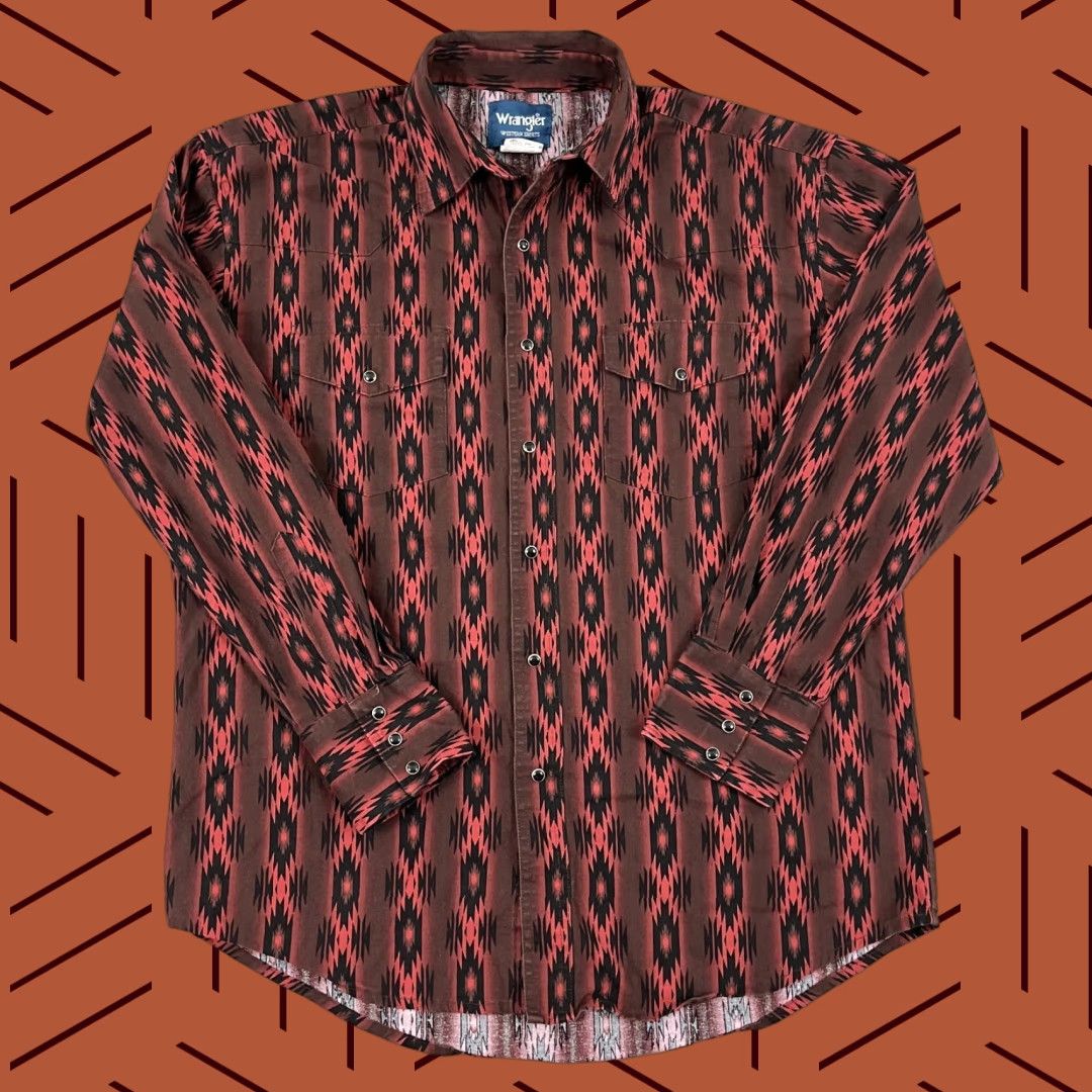 Wrangler VINTAGE Wrangler Western Shirt Mens Large Red Southwestern Geometric Pearl Snap Rockabilly Shirt Mens L Red Geometric Western Rockabilly Mens L Red Size US L / EU 52-54 / 3 - 1 Thumbnail
