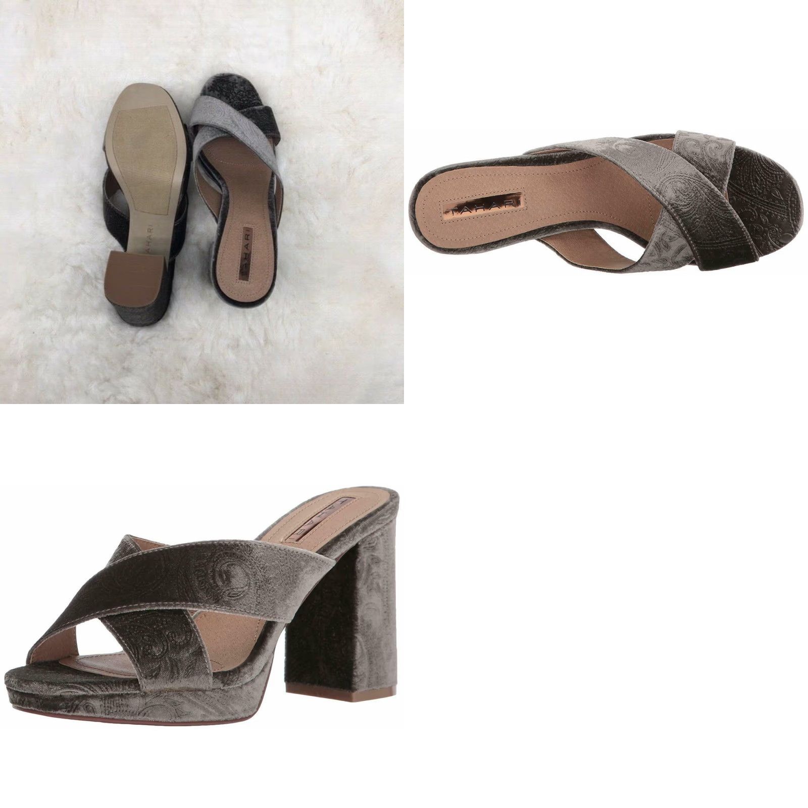 Vintage Tahari Women's High Heel Platform Slide Sandals, Crisscross Strap, Taupe, Size 6.5 M Size US 6.5 / IT 36.5 - 8 Thumbnail