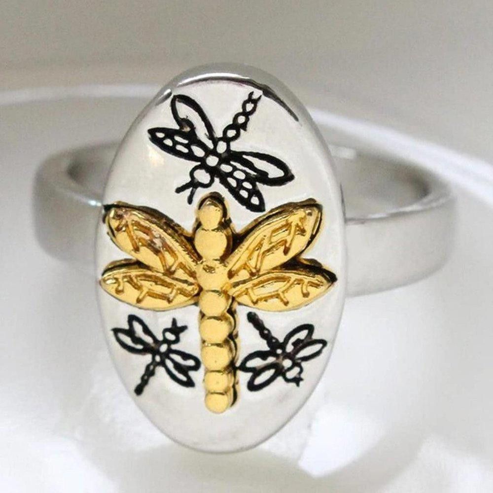 Designer Sterling Silver Oval Golden Dragonfly Signet Ring - Size 5 Size ONE SIZE - 1 Thumbnail