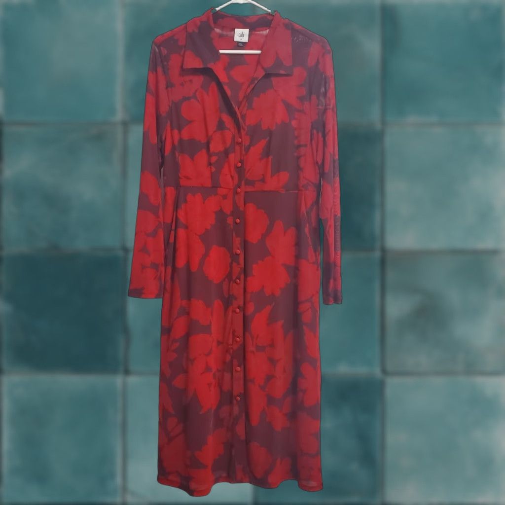 Vintage Cabi Midi Shirt Dress Women M Red Floral Long Sleeve Button Down Sheer Romantic Collar Button Front Shirt Dress Women’s Fashion (