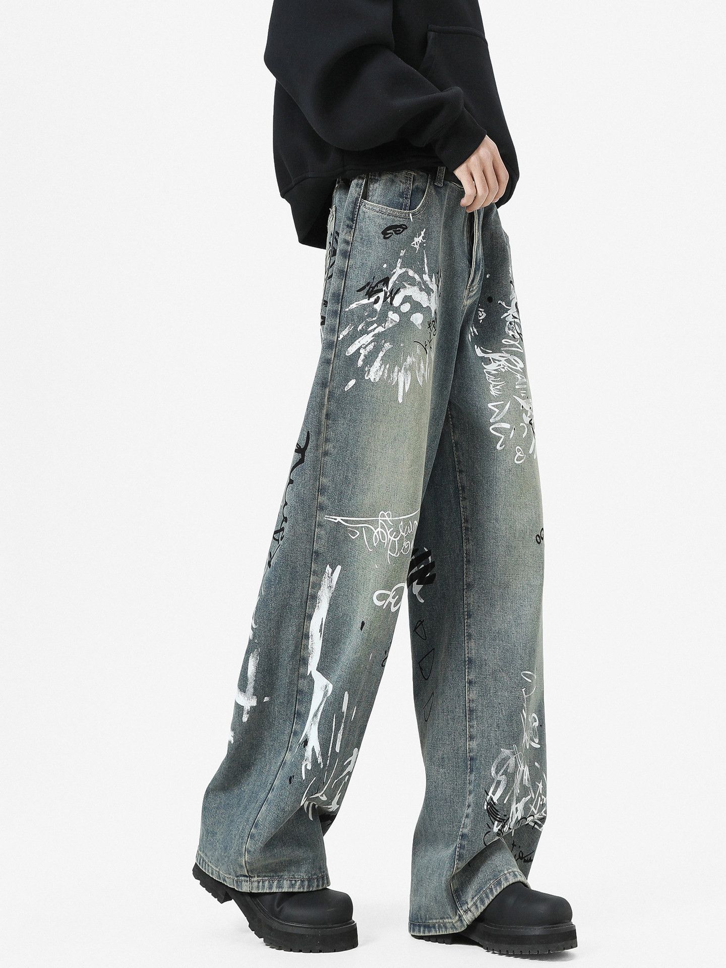 Jean High Street Men's Straight Leg Graffiti Casual Curved Jeans Size US 32 / EU 48 - 4 Thumbnail
