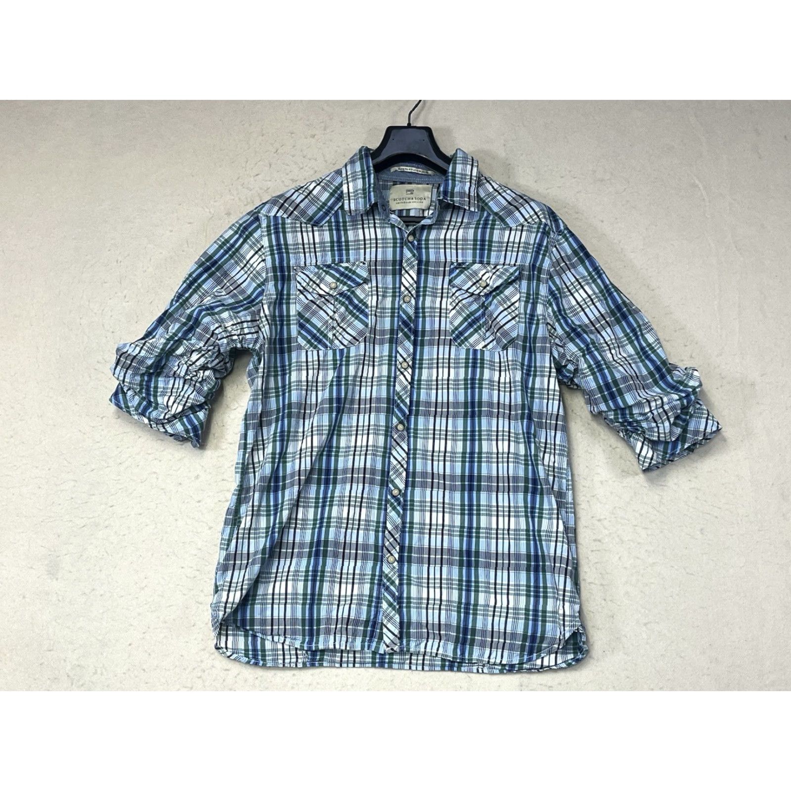 Scotch & Soda Scotch & Soda Shirt 3/4 Sleeve Button-Up Check Blue White 2XL Men Collared Pearl Snap Sleeve Size US XXL / EU 58 / 5 - 2 Thumbnail