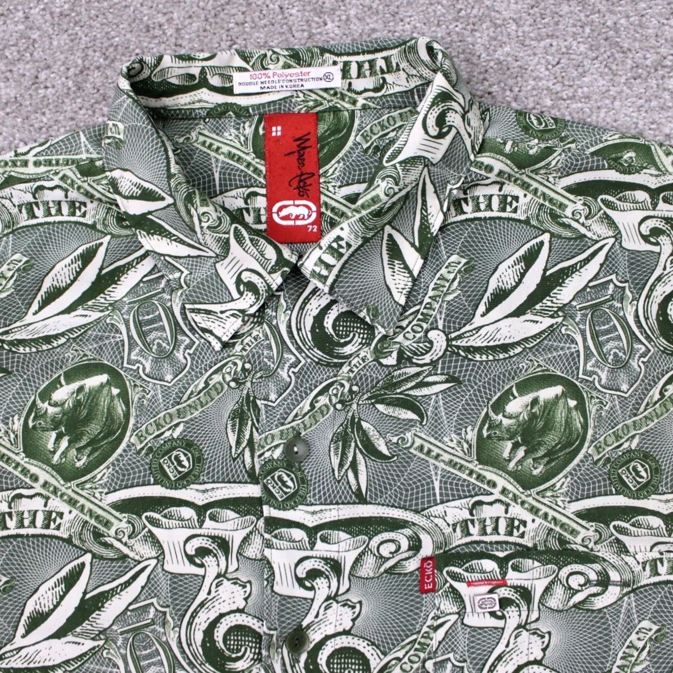 Ecko Unltd. VTG Marc Ecko Polo Shirt Mens XL Green All Over Print S/S Tie Button Embroidered Casual Polo Shirt Size US XL / EU 56 / 4 - 5 Thumbnail