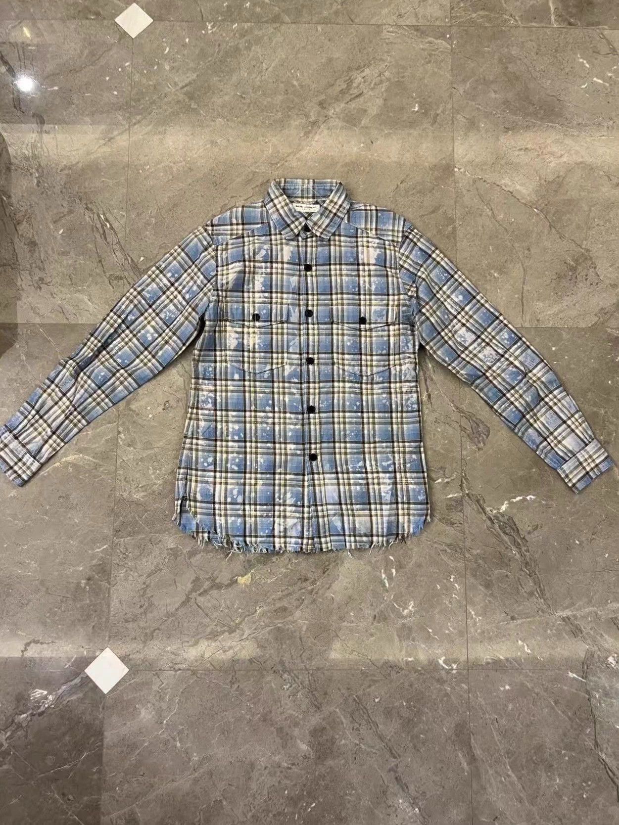 Saint Laurent Paris Blue Plaid Button-Up Shirt with Distressed Hem Size US S / EU 44-46 / 1 - 1 Thumbnail