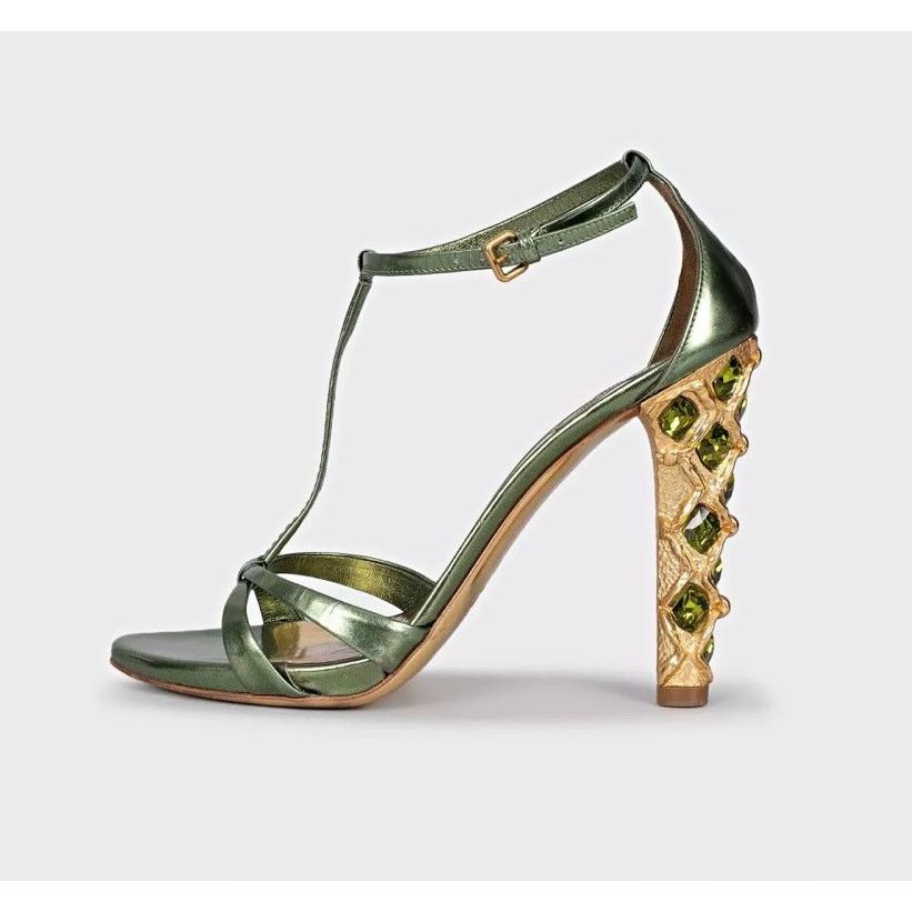 Miu Miu Miu Miu Green Leather Crystal Block Heel Sandals Sz 37.5 Size US 7.5 / IT 37.5 - 1 Thumbnail