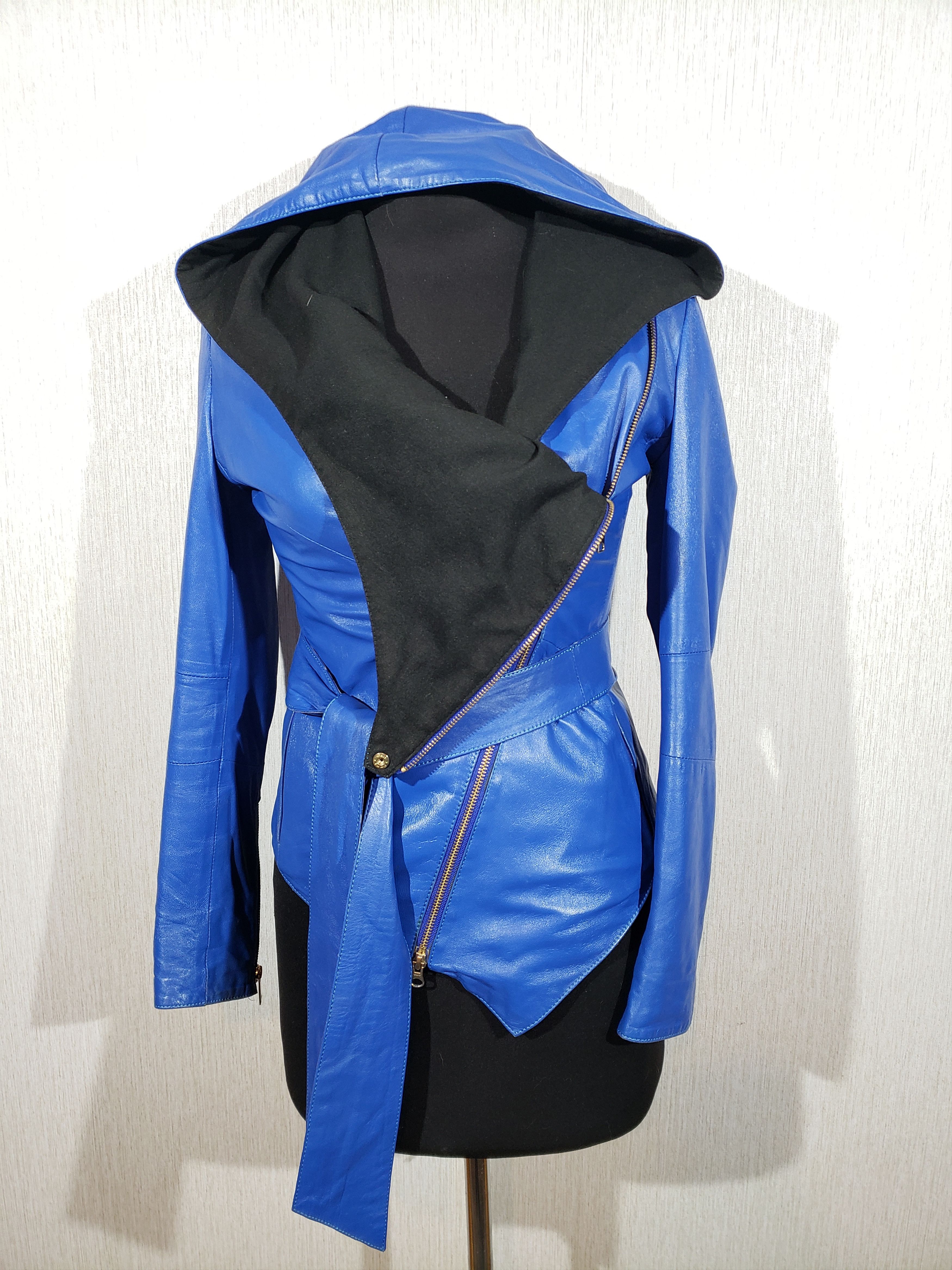Other Stylish blue leather jacket for women with a hood. Size S / US 4 / IT 40 - 4 Thumbnail