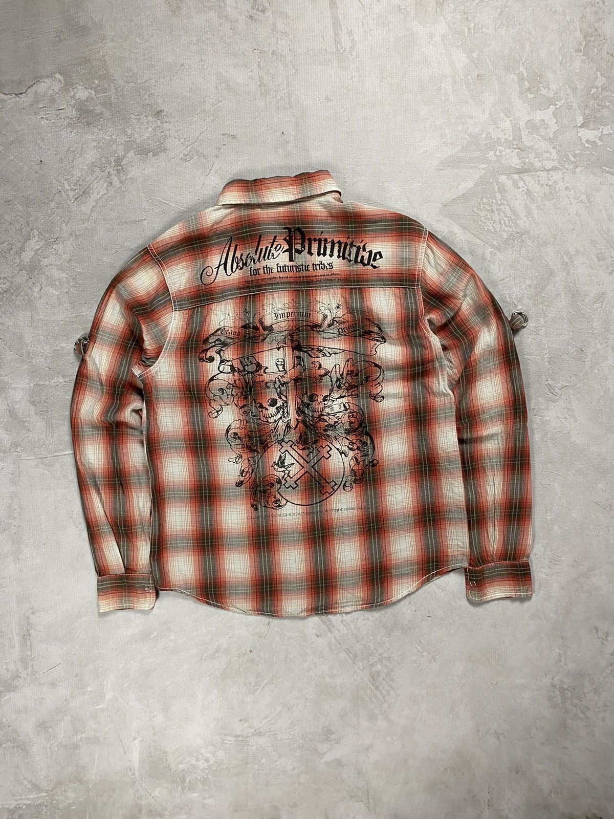 image of If Six Was Nine x In The Attic Y2K Timely Warning Skull Button Shirt in Plaid, Men's (Size Large)