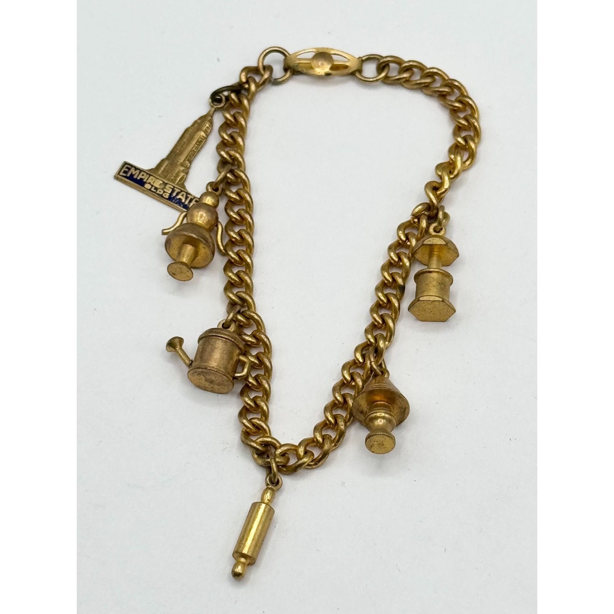 Vintage MCM estate brass charm bracelet Empire State, Wateri