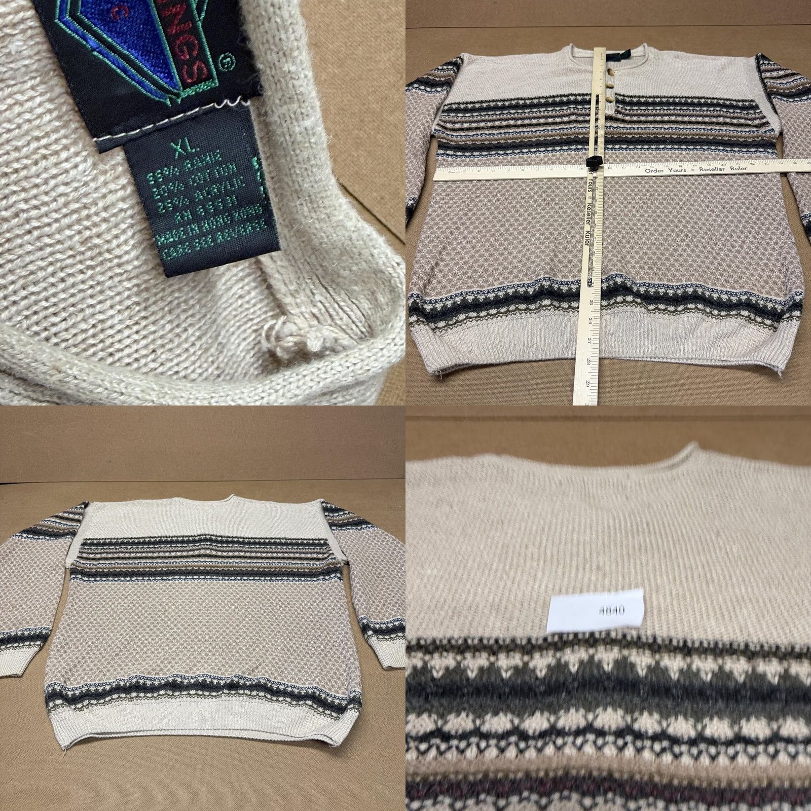 Vintage VINTAGE Etchings Sweater Mens XL Beige Pattern Knit Henley 90s Han Kung? Size US XL / EU 56 / 4 - 8 Thumbnail