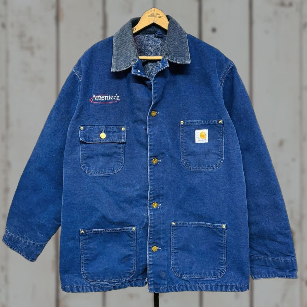 VINTAGE Carhartt C02 MDT Blue Chore Coat Gray Corduroy Collar Blanket Lined Jacket/Coat (Mid-Length) Men M Blue Barn Jacket Workwear Casual