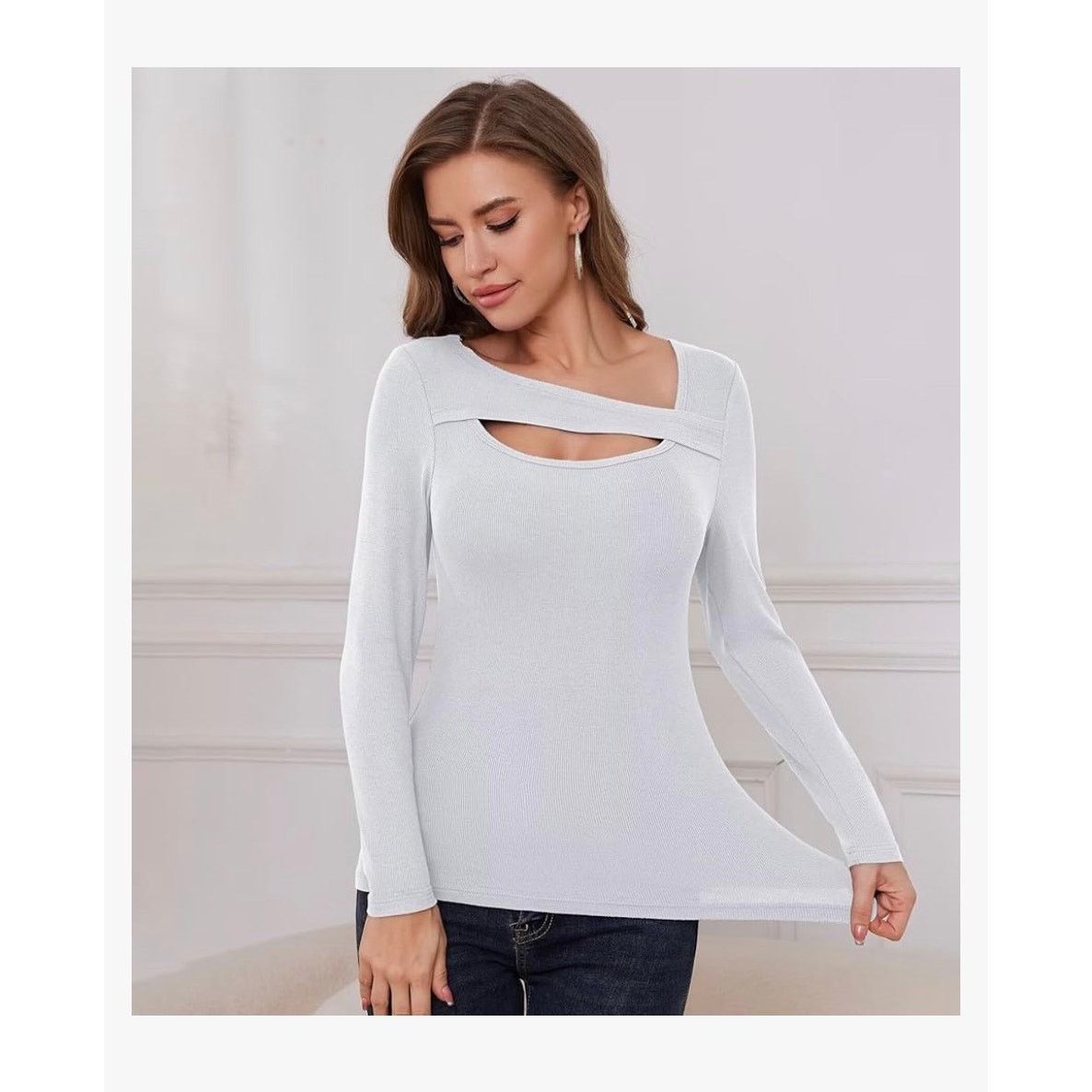 The Unbranded Brand Long Sleeve Shirts Women Ribbed 1 Piece Cutout Tops Fashion Size L / US 10 / IT 46 - 4 Thumbnail