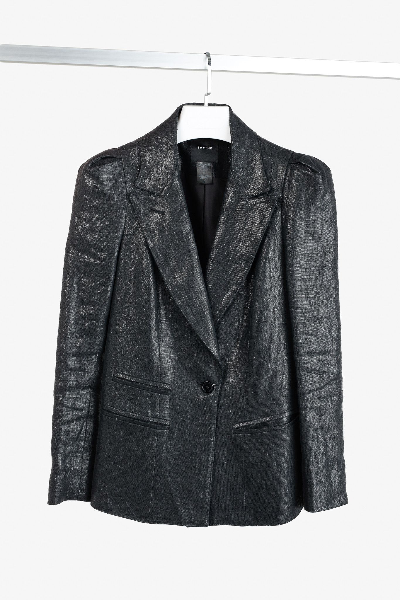 SMYTHE Smythe SS/18 Box Pleat Black Luster Linen Puff-Sleeve Blazer Size M / US 6-8 / IT 42-44 - 1 Thumbnail