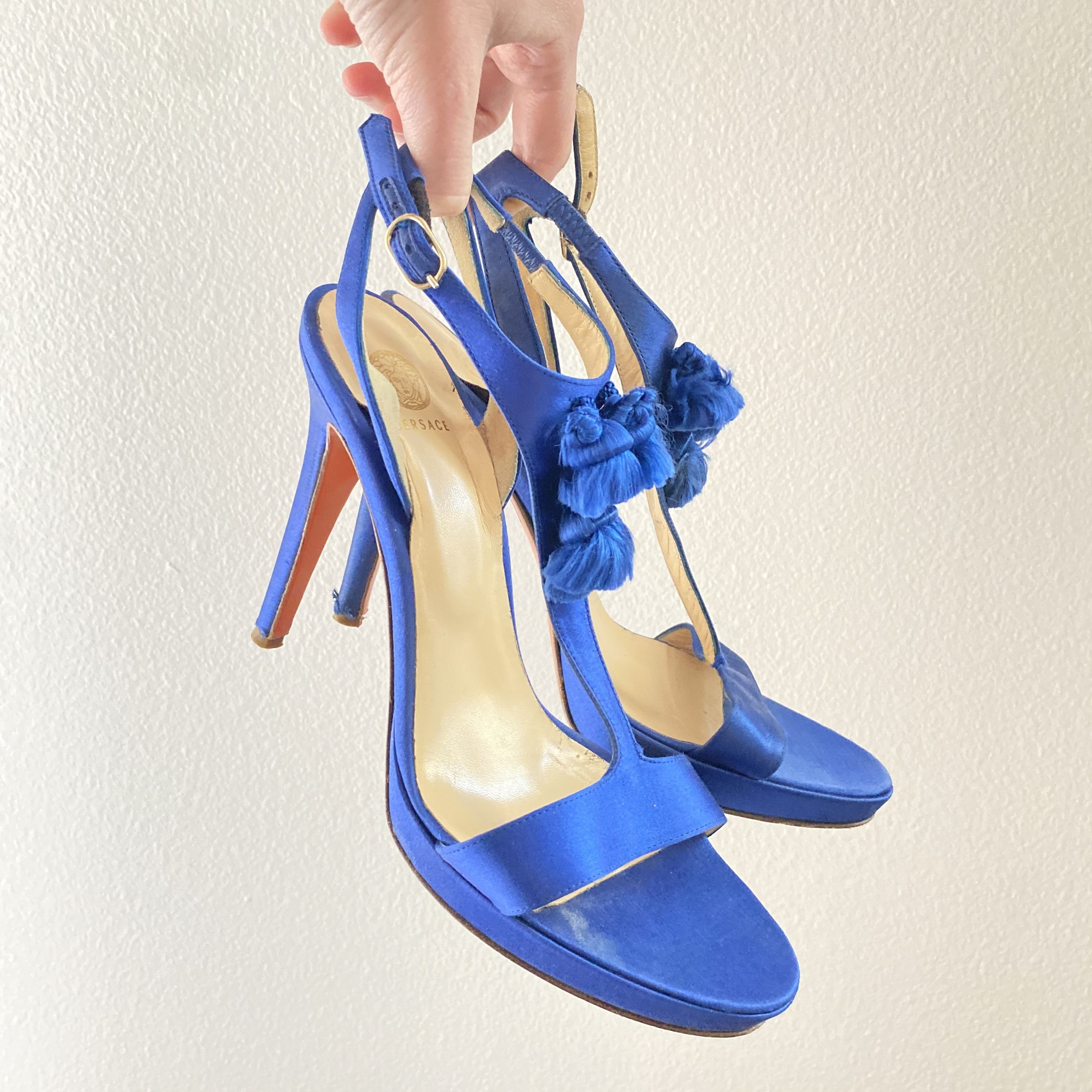 Versace Versace S/S 2008 Blue Silk Tassel Heels – Open Toe Sandals Size US 8 / IT 38 - 1 Thumbnail