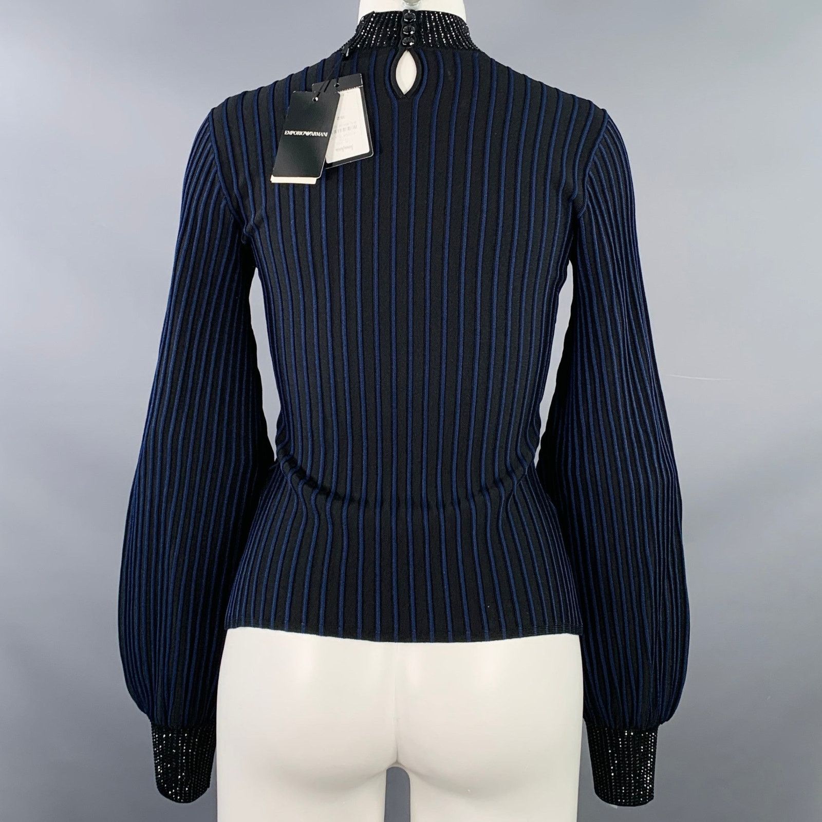 Emporio Armani Size S Black Navy Viscose Blend Stripe Mock Neck Dress Top Size S / US 4 / IT 40 - 4 Thumbnail