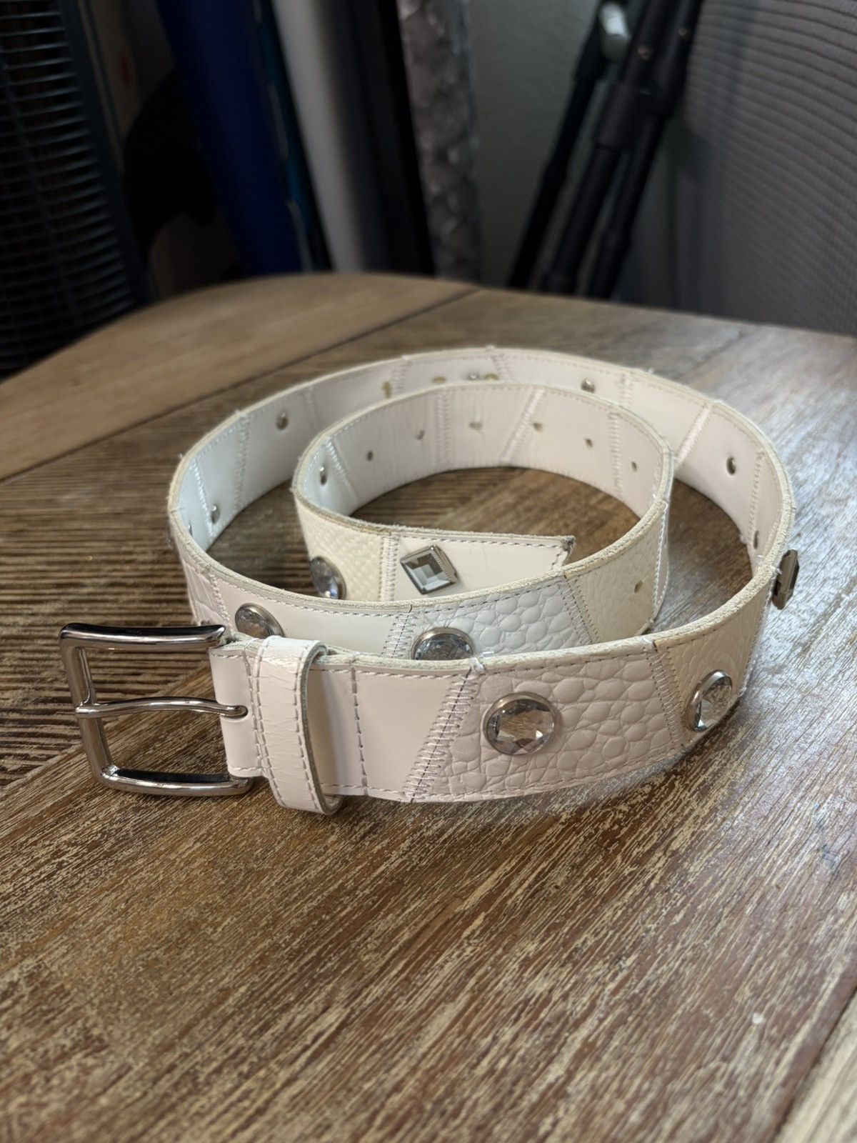 Tao CDG - Embossed White Leather Jeweled Belt