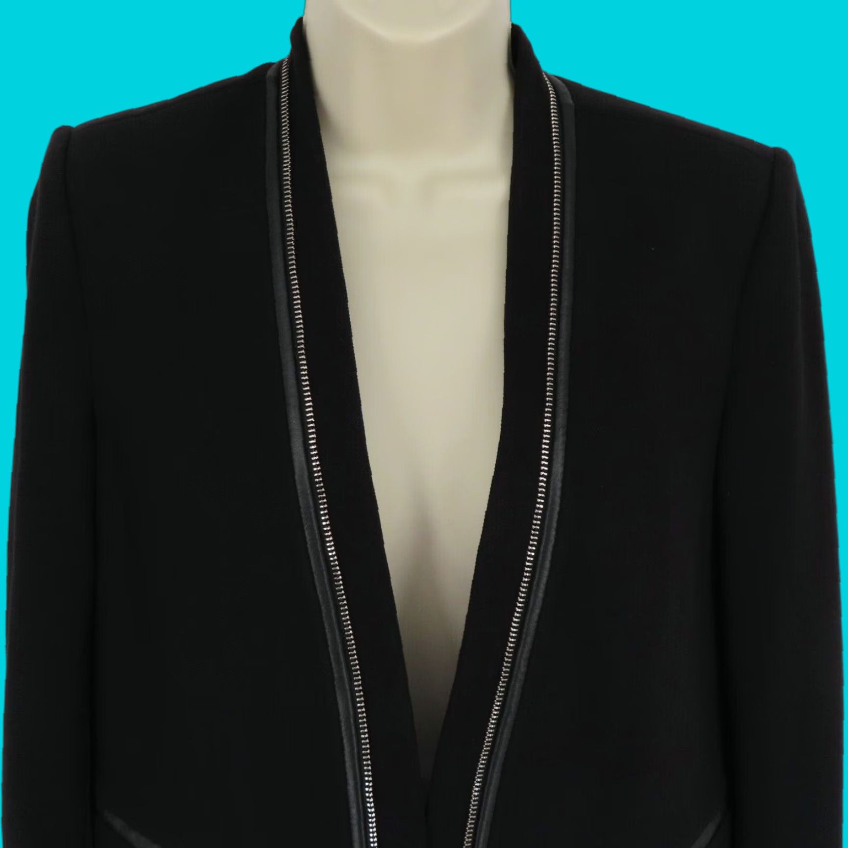 Rebecca Taylor Womens 6 Blazer Jacket Black Open Front Zipper Faux Leather Trim Basic Jacket Blazer Jacket??