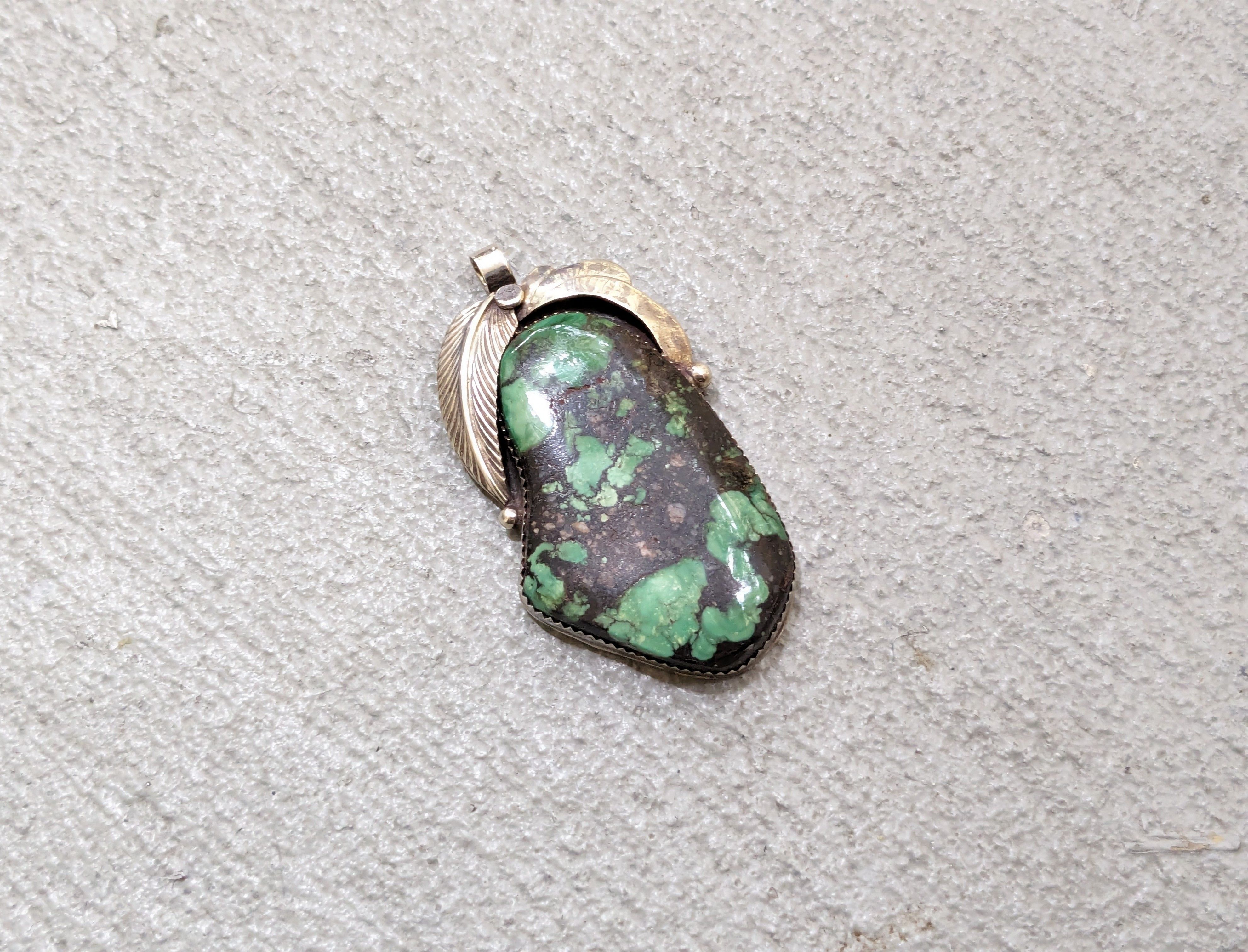 Vintage Sterling Silver Pendant Turquoise Modern Leaf