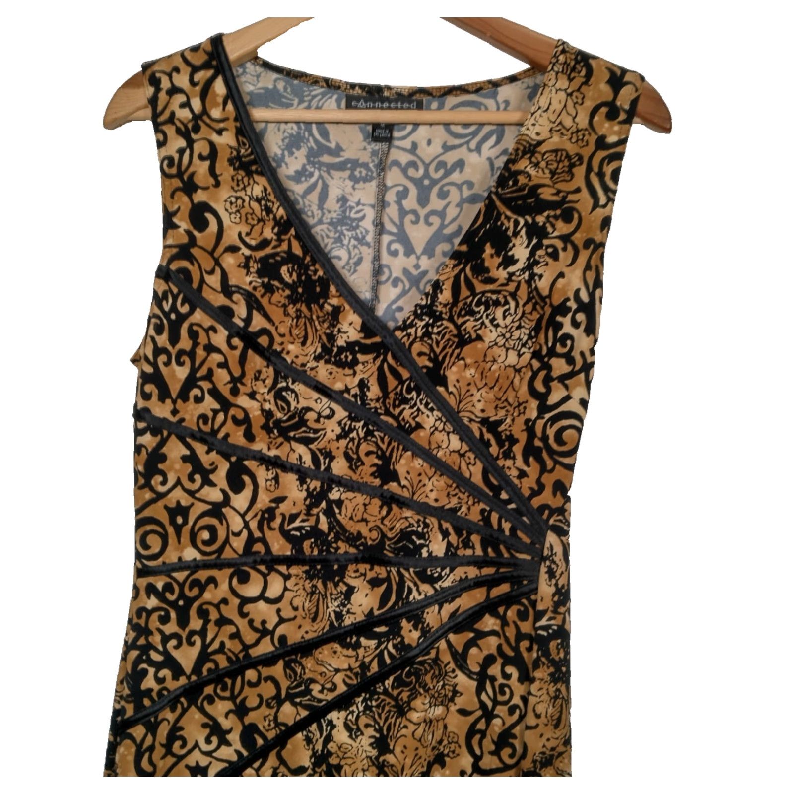 Vintage VINTAGE Connected Apparel Dress Midi Sleeveless V Neck Brown Black Tuscan 12 Women's Polyester Stretch Slimming Reused? Size XL / US 12-14 / IT 48-50 - 6 Thumbnail