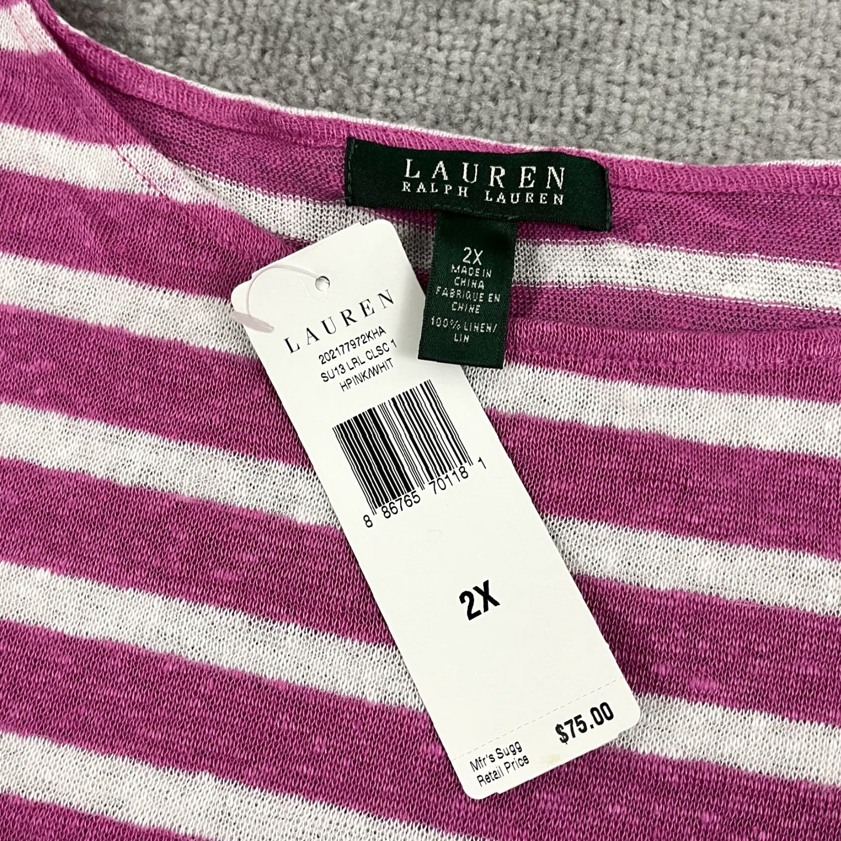 Ralph Lauren Lauren Ralph Lauren Blouse Womens 2X Pink Striped Linen Crew Pullover Size XXL / US 16-18 / IT 52-54 - 2 Thumbnail