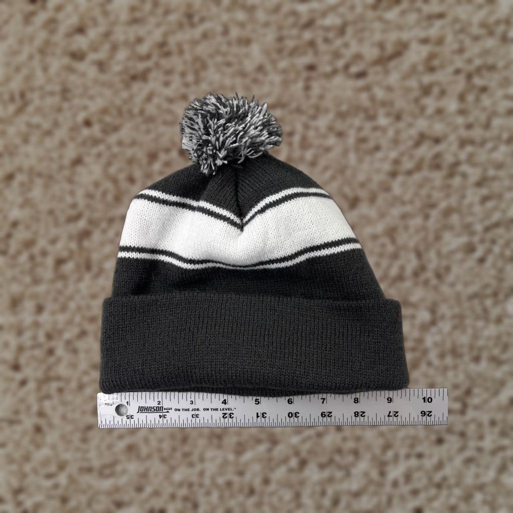 Vintage Sport-Tek Beanie Toque Adult One Size Gray White Stripe Knit 100% Acrylic Pom Knit Hat Unisex Mens Womens Beanie Winter 90s Outdoor Ski (adjusted?) Size ONE SIZE - 1 Thumbnail