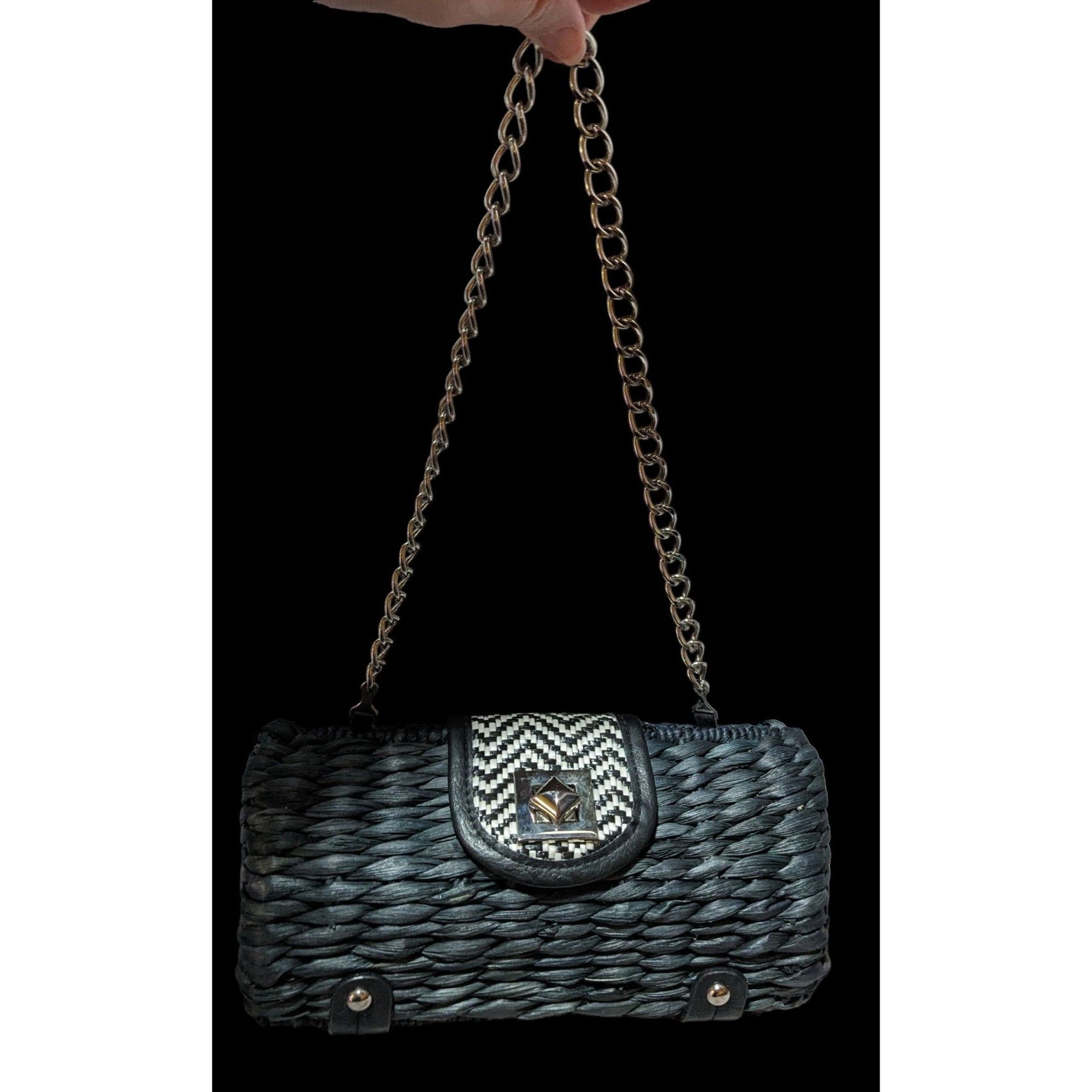 Other Retro Woven Navy Blue Purse With Silver Tone Chain Strap Size ONE SIZE - 2 Thumbnail