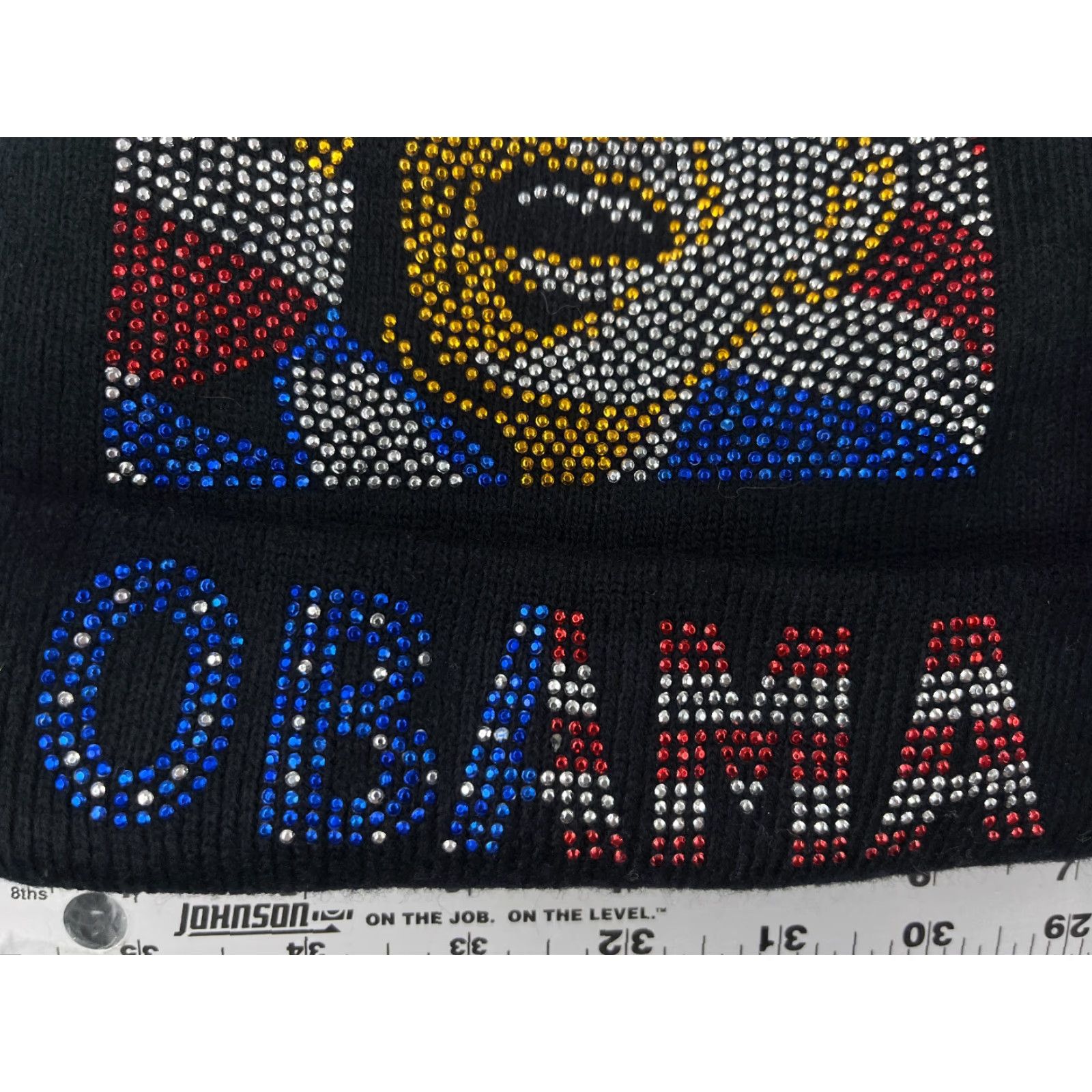 Vintage President Obama Hat Adult Black Beanie Knit Bling Rhinestone Acrylic USA Flag Size ONE SIZE - 2 Thumbnail