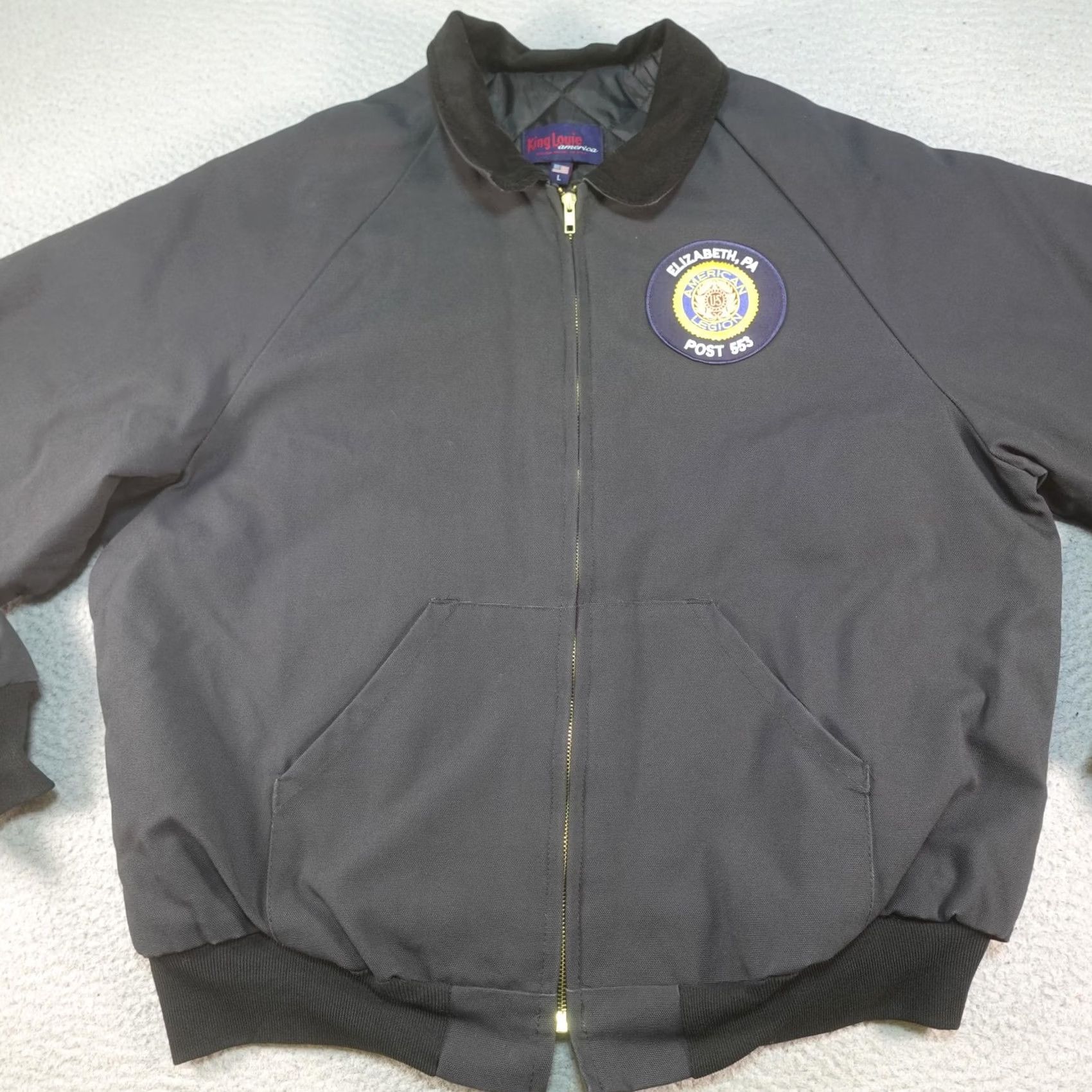 Vintage VINTAGE King Louie Bomber Jacket Mens L Black USA Patriotic American Legion Post 553 Embroidered Logo Zip Front Padded Quilted Lined Casual Winter Size US L / EU 52-54 / 3 - 3 Thumbnail