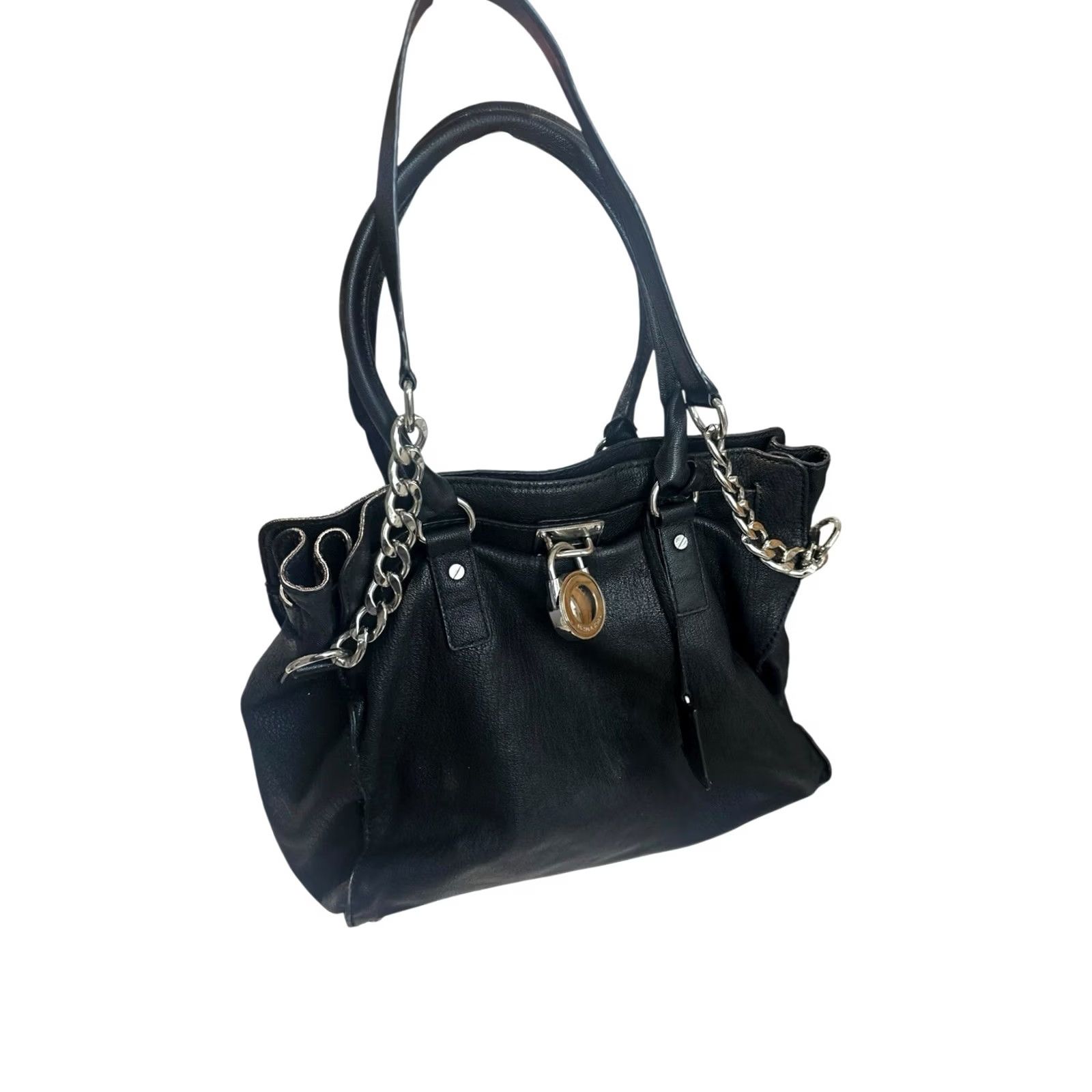 Michael Kors Michael Kors Hamilton Satchel Tote Bag Large Black Pebbled Leather Silver Lock Chain Women Size ONE SIZE - 7 Thumbnail