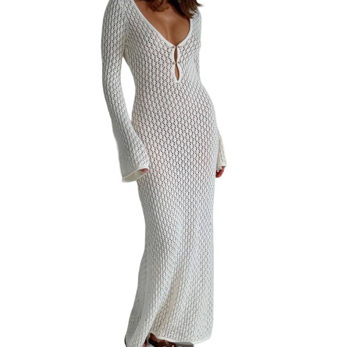 Shermie Women Loose V Neck Side Slit Swimsuit Cover Up Mesh Knit Crochet Long Beach Dress