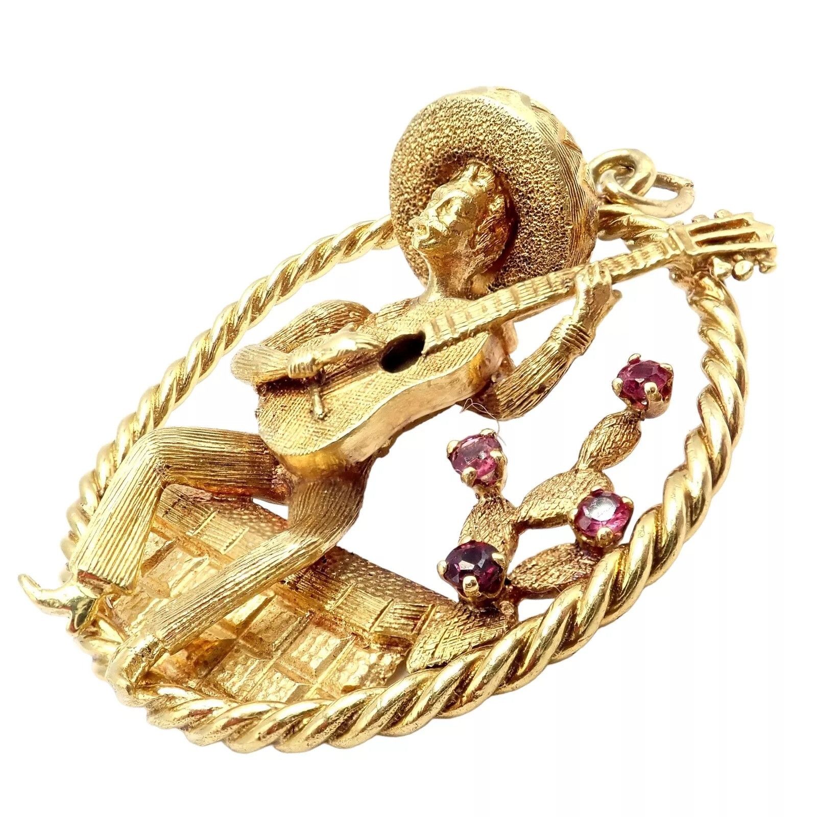 Vintage Rudi Cherny Yellow Gold Guitar Player Cactus Ruby Pendant Size ONE SIZE - 12 Thumbnail