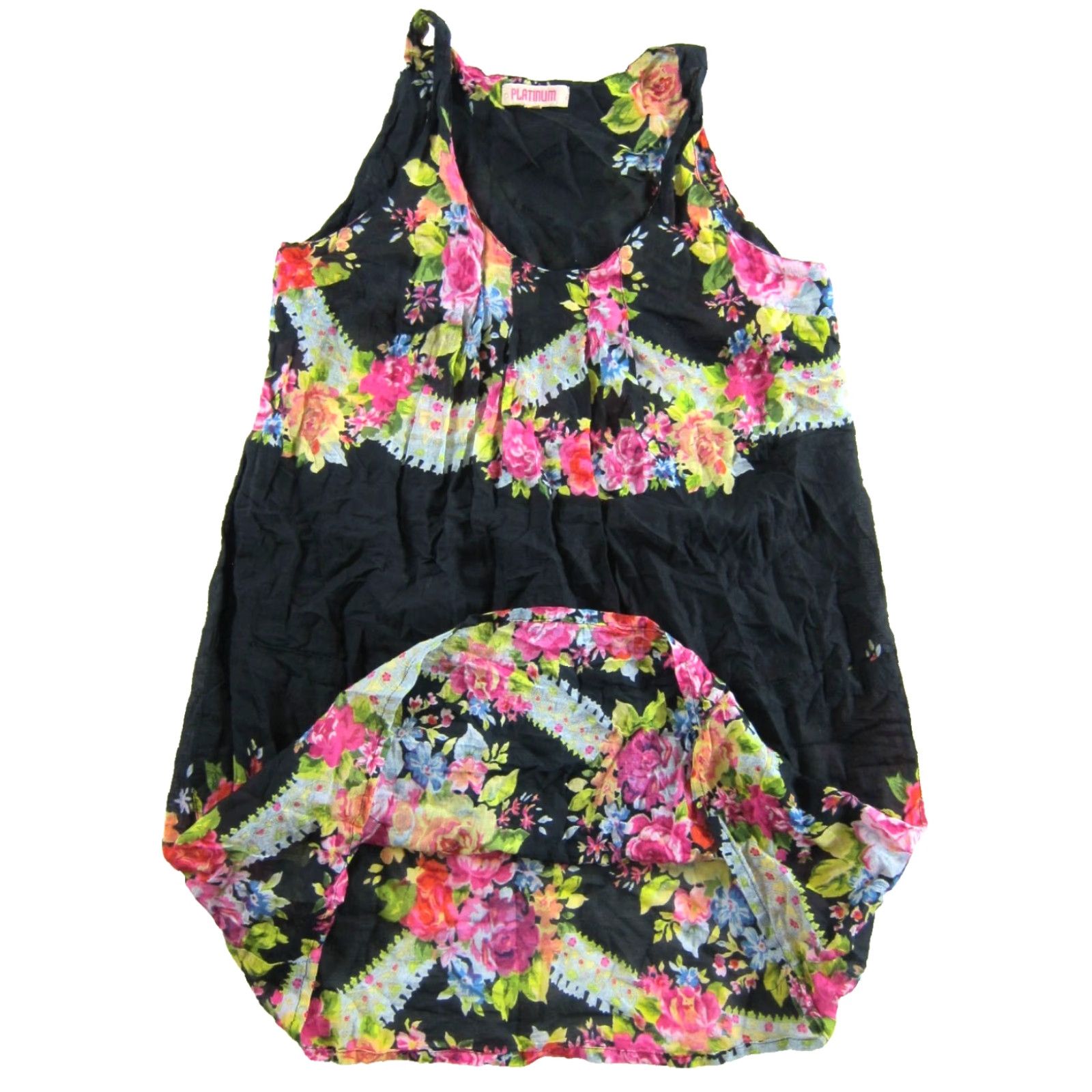 Vintage Platinum 100% Lightweight Cotton Pink Green Black Floral Pocket Tank Dress S/M Dress Size S / US 4 / IT 40 - 3 Thumbnail