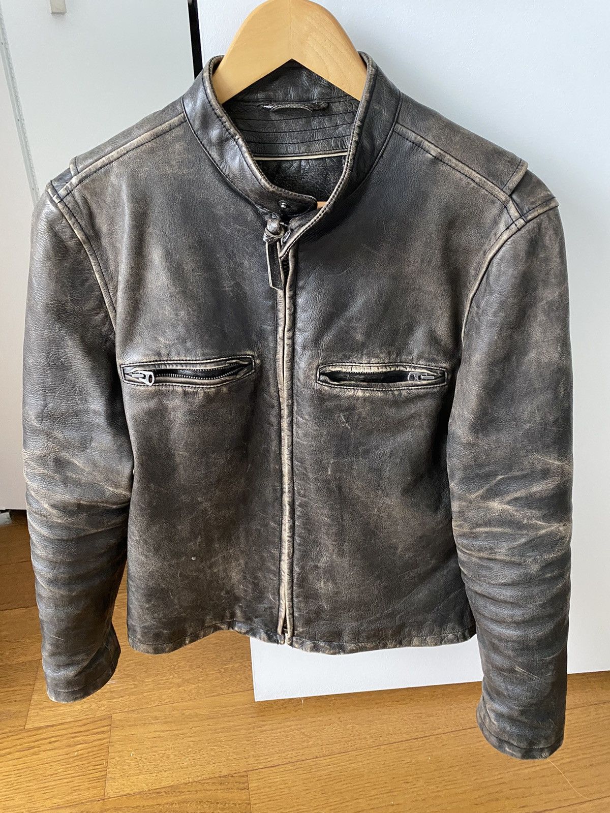 image of J Crew Vintage Distressed Leather Moto Jacket in Brown, Men's (Size Small)