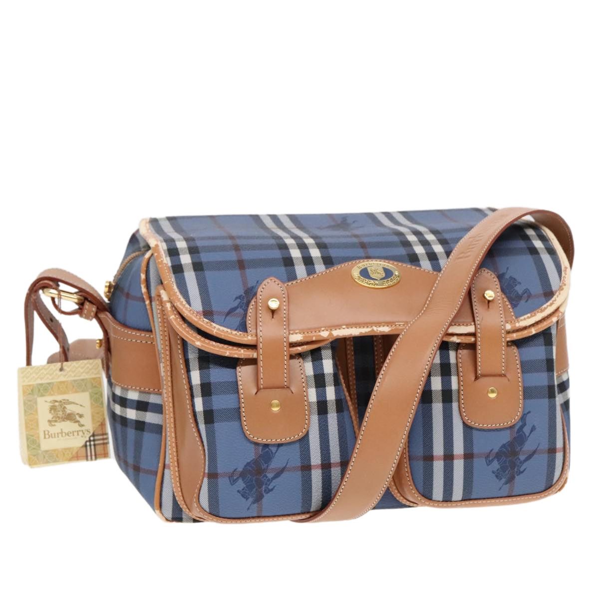 Burberry Nova Check Shoulder Bag Pvc Leather Blue Gold