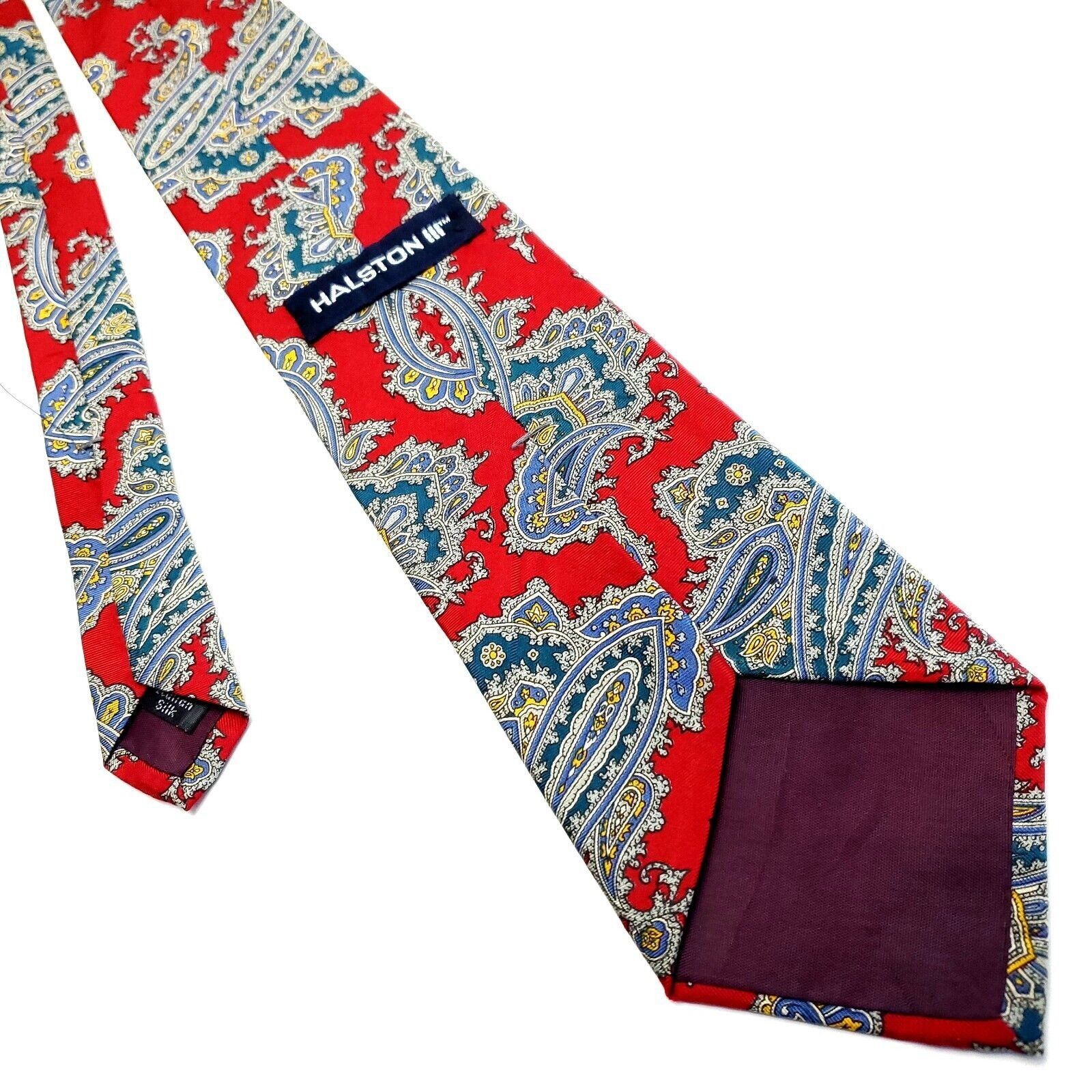 Designer Halston 3 Silk Tie Print Red Paisley Short Wide Size ONE SIZE - 3 Thumbnail