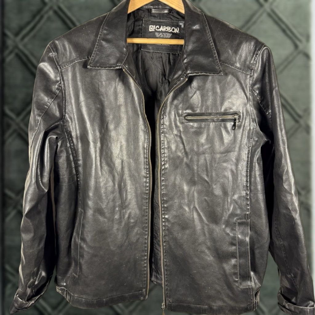 Carbon VINTAGE Carbon Biker Leather Jacket Mens XL Black Distressed Broken Zipper Zip Long Coat Style Riding Racing Walking Jacket Size US XL / EU 56 / 4 - 1 Thumbnail