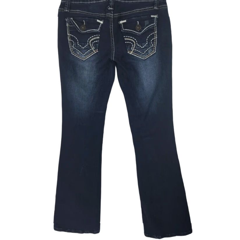 Vintage Womens Zco Boot Cut Jeans Blue Dark Wash Stretch Distressed Whiskered Juniors 5 Jeans Distressed Womens Size 27" / US 4 / IT 40 - 2 Thumbnail