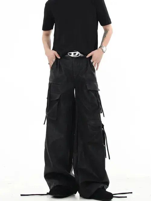 Jean Faux Leather Black Cargo Denim Jeans Size US 28 / EU 44 - 4 Thumbnail