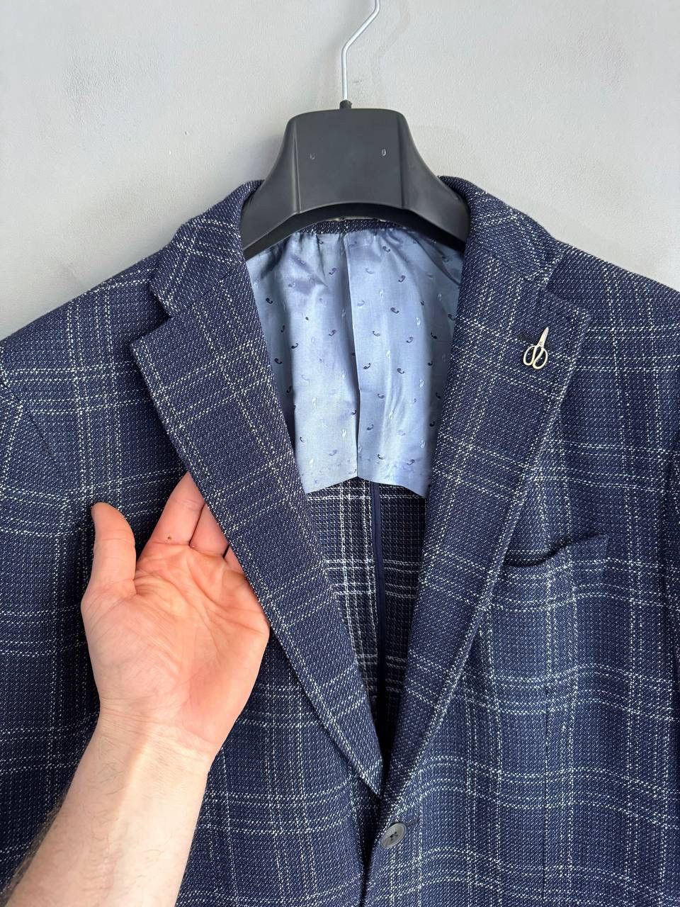 Paoloni Paoloni Men's Blazer Wool/Cotton Dark Blue Check, Size 52 Size 52R - 4 Thumbnail