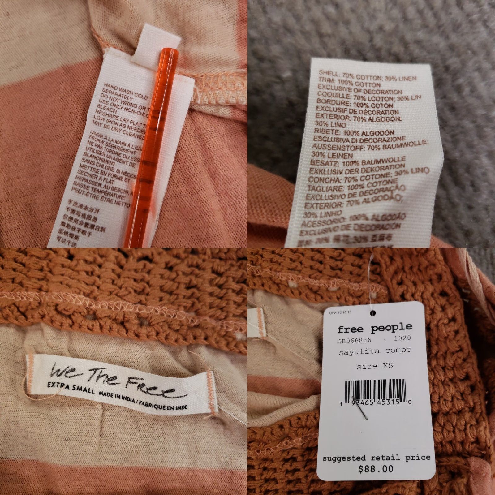 Free People Free People We The Free Dress Womens XS Orange White Crochet Boho Sayulita Combo Size XS / US 0-2 / IT 36-38 - 8 Thumbnail