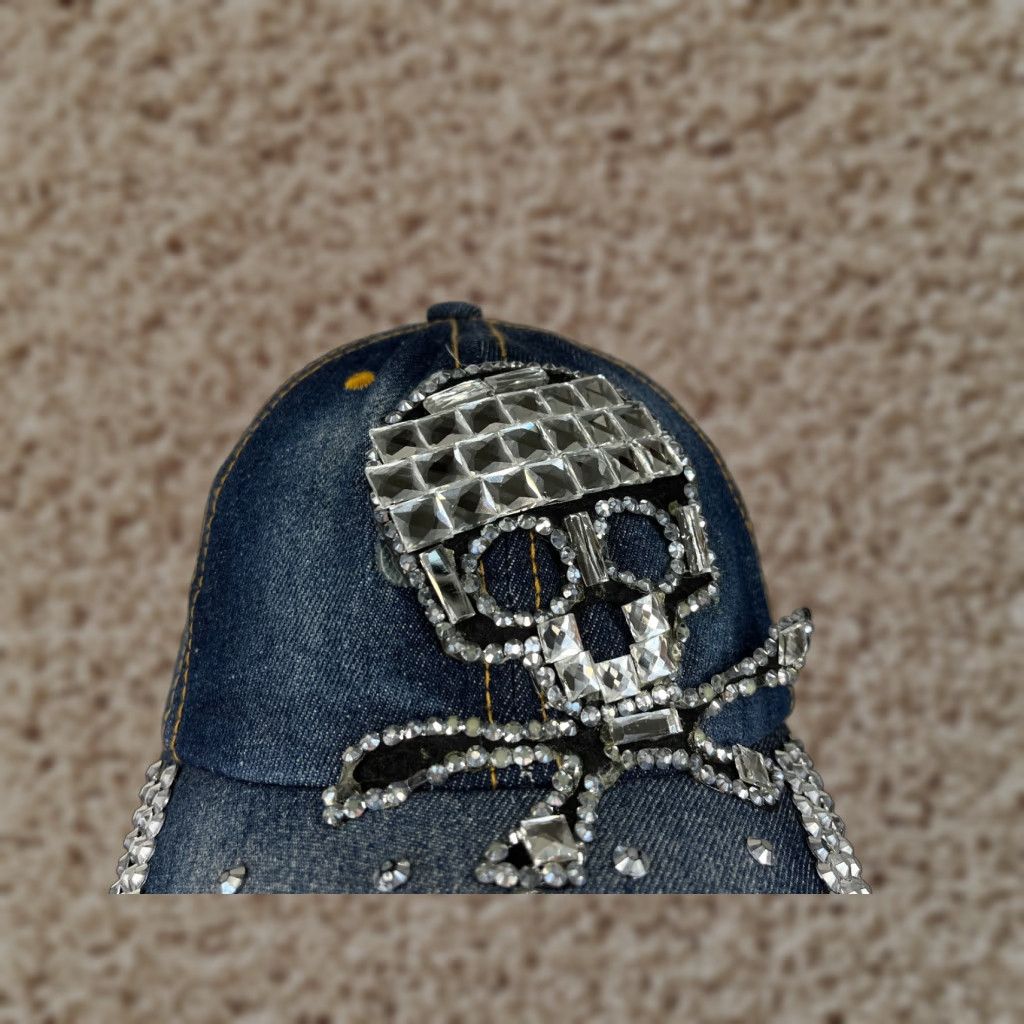 Vintage Blue Denim Skull Hat Cap Strap Back Womens One Size Cotton Twill Rhinestone Adjustable Beaded Beach Outdoor Baseball Cap Womens Hats Size ONE SIZE - 1 Thumbnail
