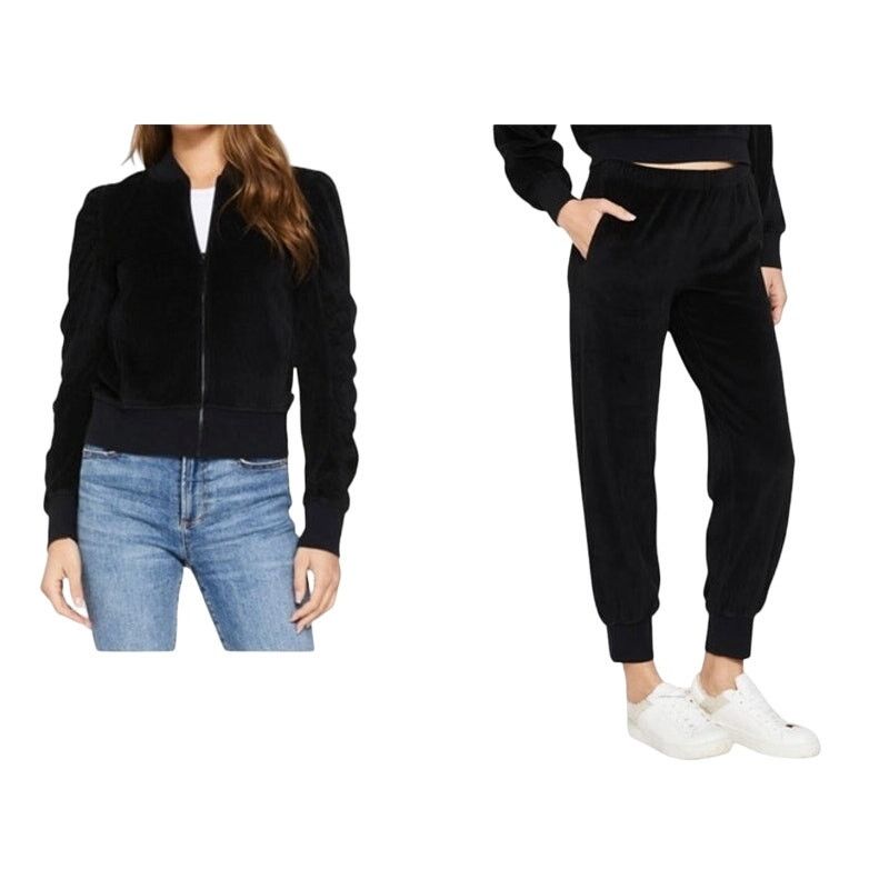 image of Another Love Black Ruched Sleeve Jacket Pants Set - M, Women's (Size 30)