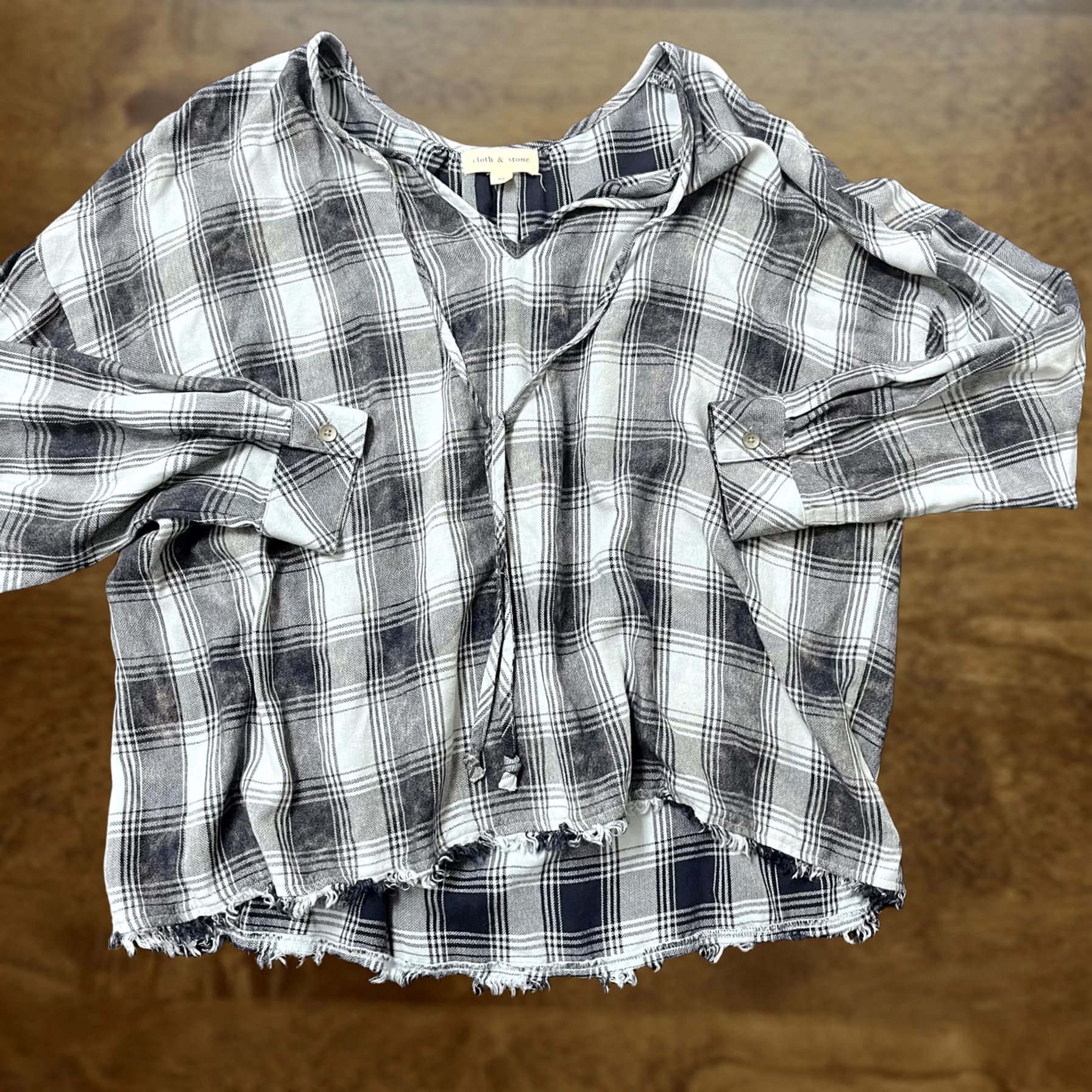 Vintage Cloth & Stone Shirt Womens M Gray Plaid Neck Tie Long Sleeve Frayed Hem Size M / US 6-8 / IT 42-44 - 1 Thumbnail