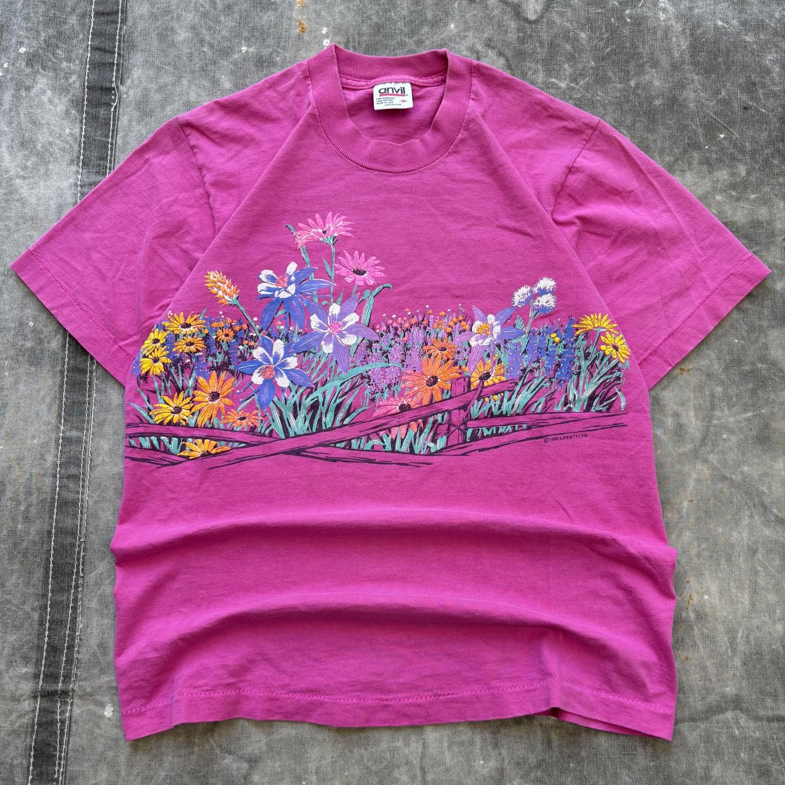 Anvil Vintage 90s Pink Flower Floral Wrap Around Graphic Shirt Size M / US 6-8 / IT 42-44 - 1 Thumbnail