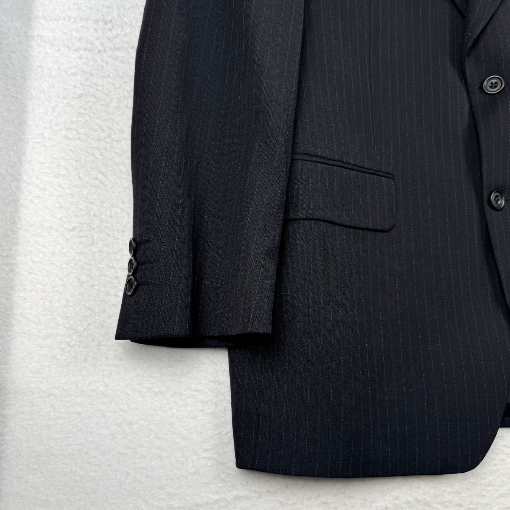 Yves Saint Laurent VINTAGE Saint Laurent YSL Mens Blazer Coat Wool 2 Piece Notch Lapel Black Pinstripe 44L Long Jacket Size 44R - 2 Thumbnail